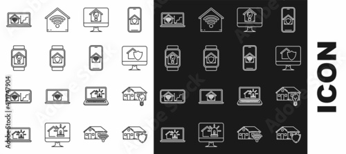 Set line House under protection, Smart house and light bulb, Computer monitor with, smart, watch, Laptop home wi-fi and Mobile phone icon. Vector