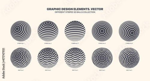 Assorted Various Striped Vector 3D Balls In Different Positions With Straight And Wavy Lines Pattern Set Isolated On White Background. Graphic Black White Variety 3D Spheres Design Elements Collection