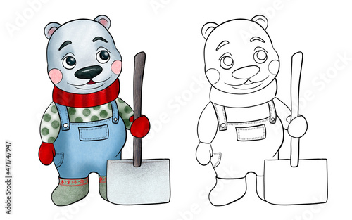 Cute childish cartoon polar bear standins with a snow shovel..Colorink page book for children isolated on white background. photo