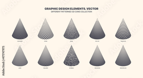 Assorted Various Patterned 3D Cone Vector With Different Geometric Textures Set Isolated On White Background. Modern Graphic Various Black White 3D Cones Variety Pattern. Collection Of Design Elements