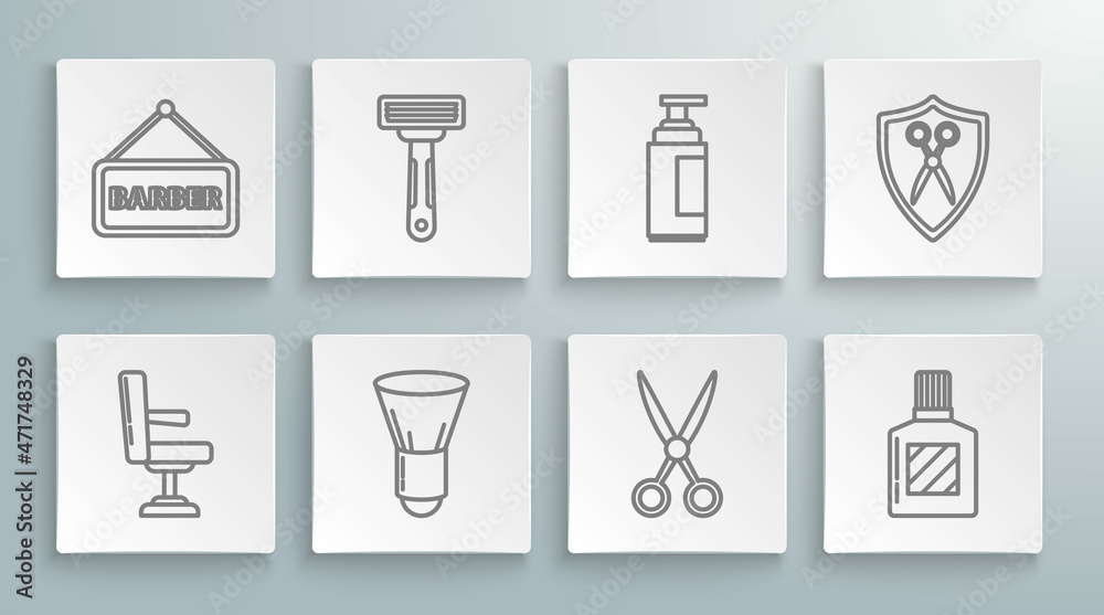 Set line Barbershop chair, Shaving razor, brush, Scissors hairdresser, Aftershave, Cream lotion cosmetic tube, and shield and icon. Vector Set line Barbershop chair, Shaving razor, brush, Scissors hairdresser, Aftershave, Cream lotion cosmetic tube, and shield and icon. Vector