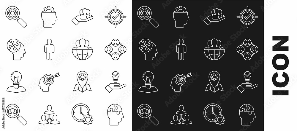 Set line Human head puzzles strategy, Light bulb in hand, Project team base, User of business suit, Magnifying glass gear and Globe people icon. Vector Set line Human head puzzles strategy, Light bulb in hand, Project team base, User of business suit, Magnifying glass gear and Globe people icon. Vector