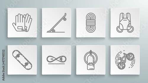 Set line Skateboard trick, Aqualung, Bicycle, Climber rope, Parachute and Gloves icon. Vector