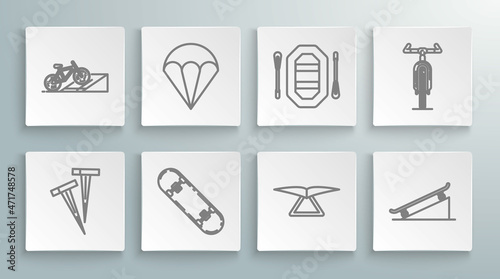 Set line Pegs for tents, Parachute, Skateboard trick, Hang glider, on street ramp, Rafting boat, Bicycle and icon. Vector