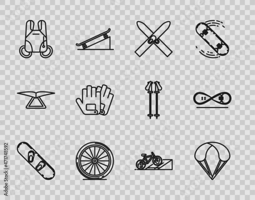 Set line Snowboard, Parachute, Ski and sticks, Bicycle wheel, Gloves, on street ramp and Skateboard trick icon. Vector