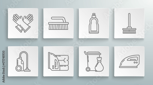 Set line Vacuum cleaner, Brush for cleaning, Electric iron and towel, Trash can, Plastic bottles liquid dishwashing liquid, Mop and Rubber gloves icon. Vector