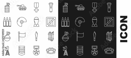 Set line Brass knuckles, Detonate dynamite bomb stick, Military ammunition box, reward medal, helmet, Bullet, Hand grenade and Aviation icon. Vector