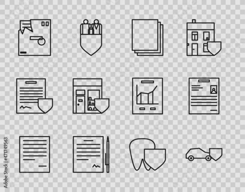 Set line Document, Car with shield, Clean paper, Contract pen, Ordered envelope, Shopping building, Tooth and Personal document icon. Vector