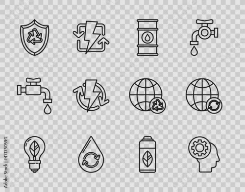 Set line Light bulb with leaf, Human head gear inside, Oil barrel line, Recycle clean aqua, symbol shield, Recharging, Recycling plastic bottle and Planet earth and recycling icon. Vector