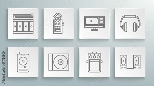 Set line Music player, Microphone, CD or DVD disk, Guitar pedal, Stereo speaker, Video recorder editor software monitor, Headphones and Drum with drum sticks icon. Vector