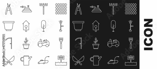 Set line Blank wooden sign board, Garden rake, Grass and weed electric string trimmer, Retro wall watch, Flower pot, Gardening handmade scissors and Tree icon. Vector