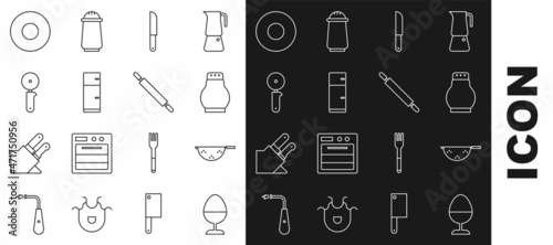 Set line Chicken egg on a stand, Kitchen colander, Salt pepper, Knife, Refrigerator, Pizza knife, Plate and Rolling pin icon. Vector