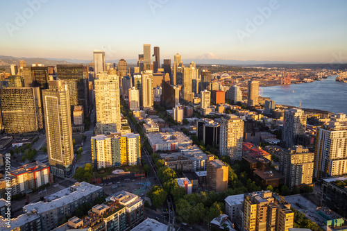 Seattle  Washington  USA - June 4 2021  Seattle downtown panoramic skyline during summer sunset. View from Seattle needle.