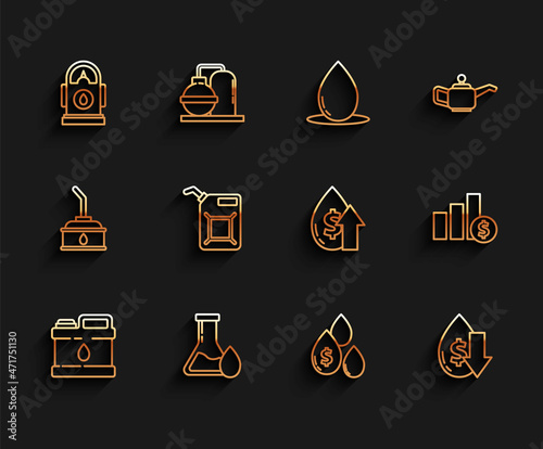 Set line Canister for motor machine oil, Oil petrol test tube, Petrol Gas station, drop with dollar symbol, Drop crude price, gasoline, Pie chart infographic and and increase icon. Vector