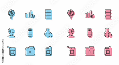 Set line Canister for gasoline, motor machine oil, Motor gauge, Propane tank, Oil petrol test tube, Refill fuel location and Pie chart infographic and dollar icon. Vector