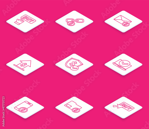 Set line Buy button, Chain link and coin, Envelope with dollar, Financial growth, Shield, Laptop, Smartphone and icon. Vector