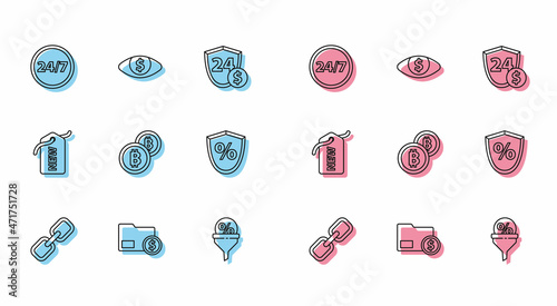 Set line Chain link, Envelope with coin dollar, Clock 24 hours, Lead management, Cryptocurrency Bitcoin, Loan percent, Price tag New and Eye icon. Vector