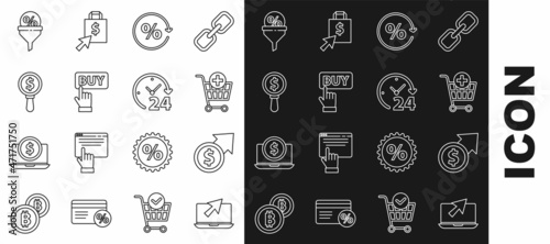 Set line Laptop and cursor, Financial growth coin, Add Shopping cart, Discount percent tag, Buy button, Magnifying glass dollar, Lead management and Clock 24 hours icon. Vector