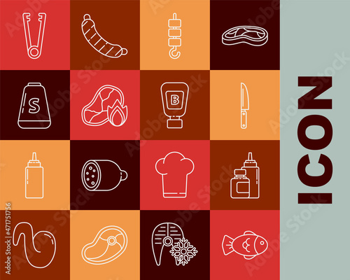 Set line Fish, Sauce bottle, Knife, Grilled shish kebab on skewer stick, steak meat and fire flame, Salt, Meat tongs and icon. Vector