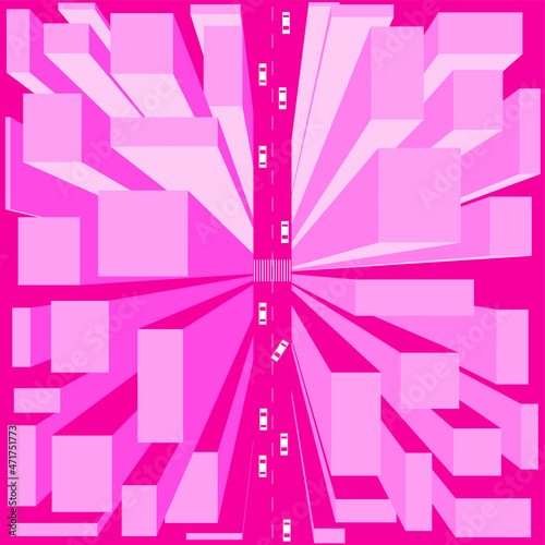 Vector graphics - abstract square composition - a view of the rectangular roofs of skyscrapers from above and the roadway below with cars trendy pink colors. Concept - New York