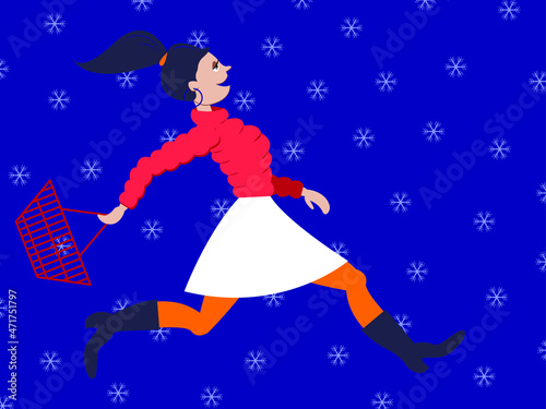 Vector graphics - a pretty young woman in a red jacket, white skirt and boots runs and hurries with a shopping basket in her hands with a smile and blue background snowflake. Concept - Christmas sales