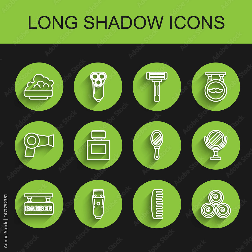 Set line Barbershop, Electrical hair clipper or shaver, Shaving gel foam, Hairbrush, Towel rolls, Aftershave, Round makeup mirror and Hand icon. Vector Set line Barbershop, Electrical hair clipper or shaver, Shaving gel foam, Hairbrush, Towel rolls, Aftershave, Round makeup mirror and Hand icon. Vector