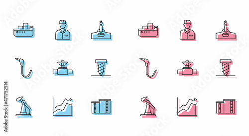 Set line Oil pump or pump jack, price increase, tanker ship, industrial factory building, Industry pipe and valve, Rotating drill digging hole, Gasoline nozzle and Oilman icon. Vector