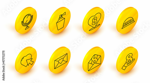 Set line 8 March on hand, Envelope with, Heart cursor click, Elegant women hat, Perfume and Round makeup mirror icon. Vector