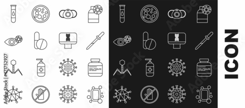 Set line Bar of soap, Medicine bottle and pills, Pipette, Medical protective mask, or tablet, Reddish eye due to virus, Blood test and DNA spiral computer icon. Vector