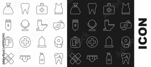 Set line Broken tooth, Toilet paper roll, Bar of soap, First aid kit, Round makeup mirror, Electrical hair clipper shaver, Garbage bag and bowl icon. Vector