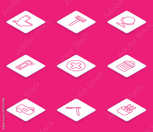 Set line Toilet bowl, Shaving razor, Round makeup mirror, Bottle with nozzle spray, Cross hospital medical, Trash can, Bar of soap and Straight icon. Vector