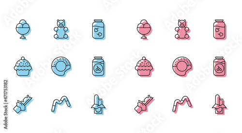 Set line Bitten chocolate bar, Jelly worms candy, Ice cream in bowl, Chocolate, Donut, Cherry jam jar, Cupcake and bear icon. Vector