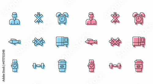 Set line Smart watch, Dumbbell, Positive thinking, Coffee cup to go, No junk food, Bed, Fish and doping syringe icon. Vector