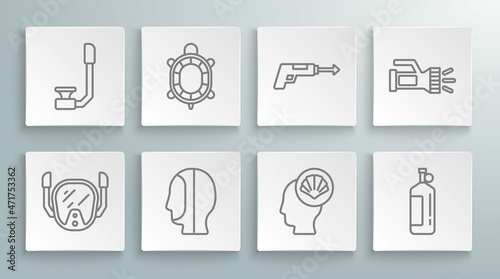 Set line Diving mask, Turtle, hood, Scallop sea shell, Aqualung, Fishing harpoon, Flashlight and Snorkel icon. Vector