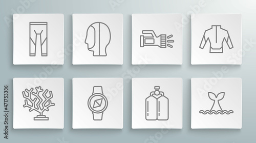 Set line Coral, Diving hood, Compass, Aqualung, Whale tail ocean wave, Flashlight, Wetsuit and icon. Vector