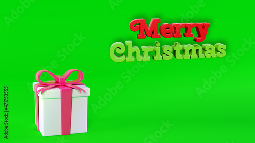 Happy New Year and Christmas, 3d banner. Merry Christmas greeting card on a green background. Gift box, 3d render