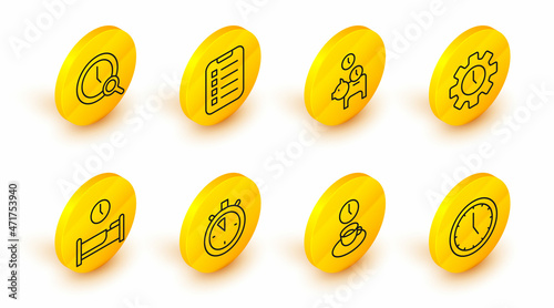 Set line Clock, Coffee time, Stopwatch, Time sleep, Management, Piggy bank with coin, To do list or planning and Magnifying glass clock icon. Vector