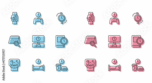 Set line From 9, Time to sleep, Smartwatch, Fast food time, Tv, for book, Calendar search and Gamepad of icon. Vector