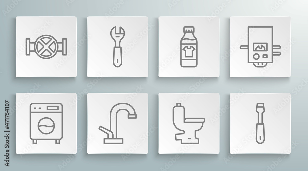 Set line Washer, Wrench spanner, Water tap, Toilet bowl, Screwdriver, Bottle for cleaning agent, Gas boiler and Industry pipe and valve icon. Vector Set line Washer, Wrench spanner, Water tap, Toilet bowl, Screwdriver, Bottle for cleaning agent, Gas boiler and Industry pipe and valve icon. Vector