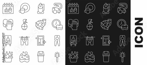 Set line Toilet brush, Clothes pin, Washing dishes, paper roll, Water spray bottle, Cleaning service, calendar and Socks icon. Vector