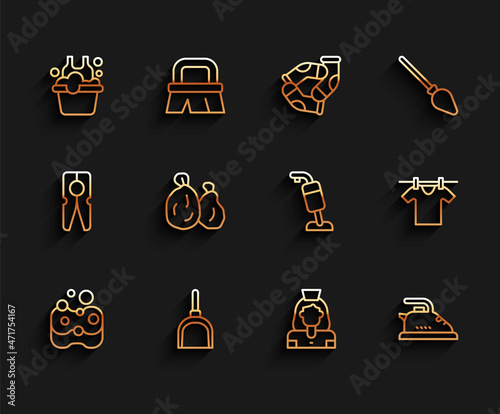 Set line Sponge, Dustpan, Basin with soap suds, Cleaning lady service, Electric iron, Garbage bag, Drying clothes and Vacuum cleaner icon. Vector