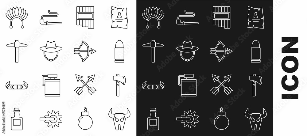 Set line Buffalo skull, Tomahawk axe, Bullet, Pan flute, Western cowboy hat, Pickaxe, Indian headdress with feathers and Bow and arrow in quiver icon. Vector