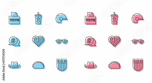 Set line Western cowboy hat, Taco with tortilla, Vote box, Shield stars, USA Independence day, Glasses, Coin money dollar and Paper glass straw icon. Vector