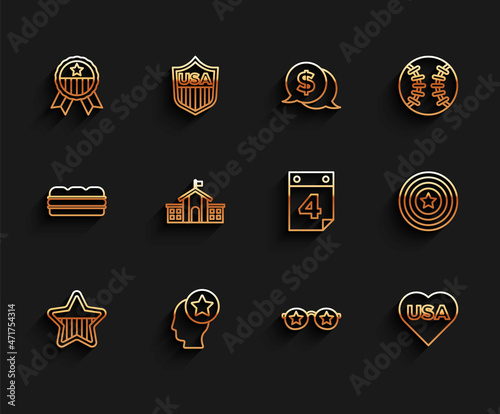 Set line USA Independence day, Head, Medal with star, Glasses stars, United States Capitol Congress, American shield and Calendar date July 4 icon. Vector