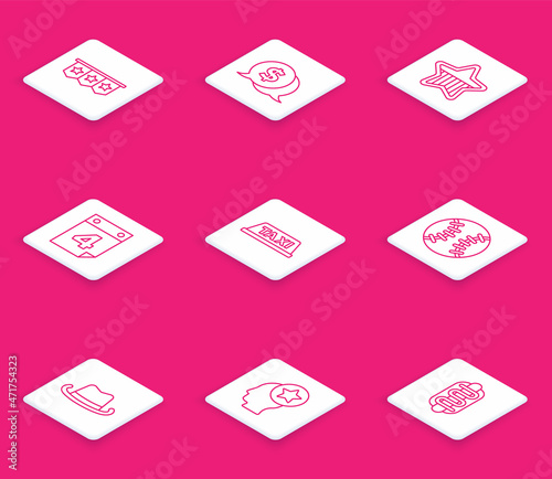 Set line Carnival garland with flags, Coin money dollar, USA Independence day, Calendar date July 4, Taxi car roof, Baseball ball, Western cowboy hat and Head icon. Vector