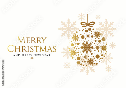  Xmas greeting card. Christmas background with golden ornaments, snowflakes.