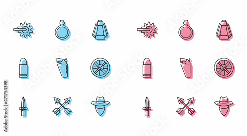 Set line Dagger, Crossed arrows, Spur, Cowboy, Revolver gun in holster, Old wooden wheel, Bullet and Canteen water bottle icon. Vector
