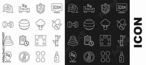 Set line Essential oil bottle, Bamboo, Vitamin pill, Bodybuilder muscle, Fitness ball, Dumbbell, and Broccoli icon. Vector