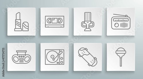 Set line Home stereo with two speakers, VHS video cassette tape, Vinyl player, Skateboard trick, Lollipop, Microphone, Radio antenna and Lipstick icon. Vector