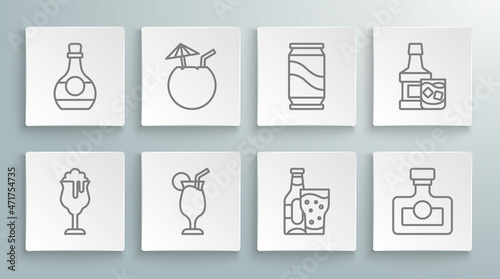 Set line Glass of beer, Coconut cocktail, Cocktail, Beer bottle and glass, Alcohol drink Rum, can, Whiskey and Bottle cognac or brandy icon. Vector